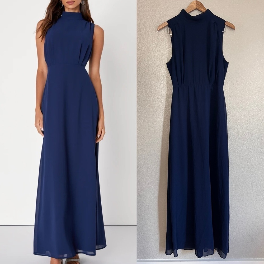 Classic Elegance Navy Chiffon Sleeveless Mock Neck Maxi Dress